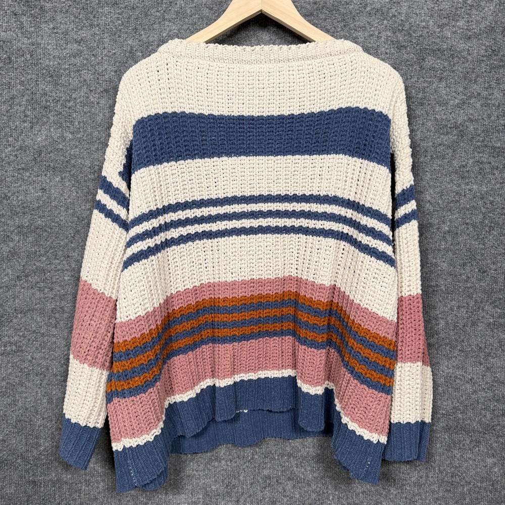 Together Collection Medium Sweater Top White Blue Striped Chunky Crochet Cozy - Picture 2 of 9